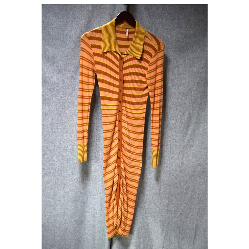 Free People Striped Ribbed Knit Collared Button-Down Midi Dress Size S